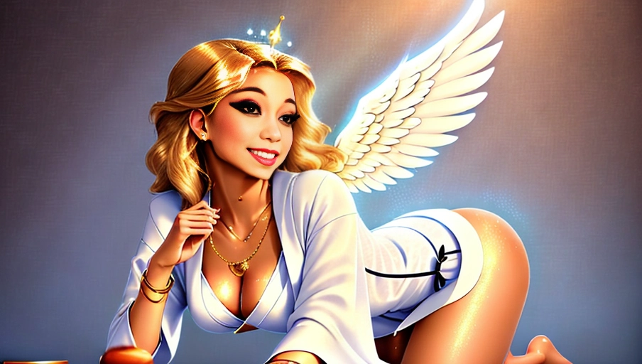 a 64k high detailed photo of body shot of straight Female Angelic HDR Professional ((In clothing Robes))) ((Has Attire)) Godly Ultra Detailed Best Quality Most Detailed ((Angel Wings)) Angelic Lighting Love Hope Magic casting Crown Smiling Queen happy Glory Warrior Angels Angelics Positivity Happiness ecstasy enraptured sweaty saving God Royalty Morality Goodness True Good Power Force Authority Ethical Saviour Halo short Hair Always and Forever Sentimental in heat hot ultra hot best best lighting tantric Neutral Brilliant Logical Compassionate Perfect Perfection Exciting Integrity Winged Courage Purity Harmony Beauty mark on upper lip ((Female)) (Ethereal Lighting) (Celestial Lighting) (((With Clothes))) ((With God Item)) (((God Tech))) (God Magic) with items of power God Wings ((Afterlife Light)) (Perfect Tits) (Perfect Ass) (Love Worship) ((Happy Expression)) ((smiling)) AJH True Happiness (Pleasure) (True Love) ((Angelic Hair))