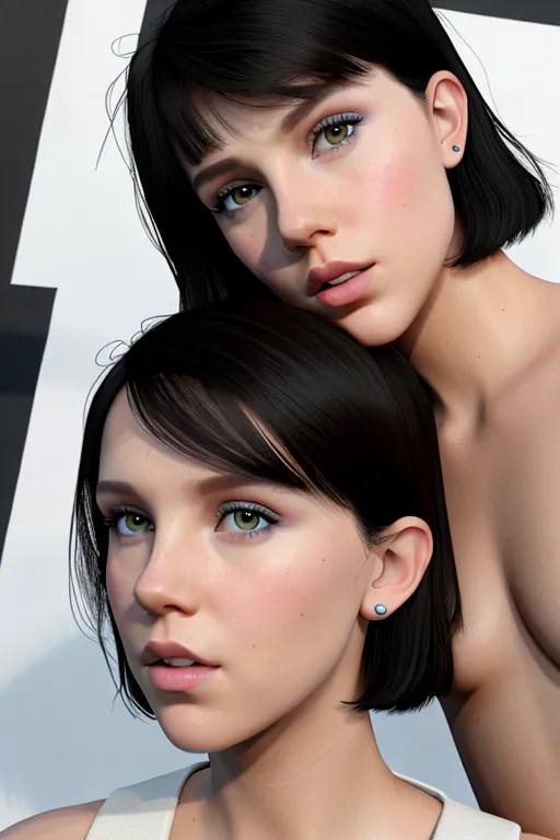 millie bobby brown twins, lesbian, ultra realistic face, detailed large eyes, flat chested, (black hair), editorial, highly detailed, masterpiece, perfect face, photorealistic, looking up, eye contact