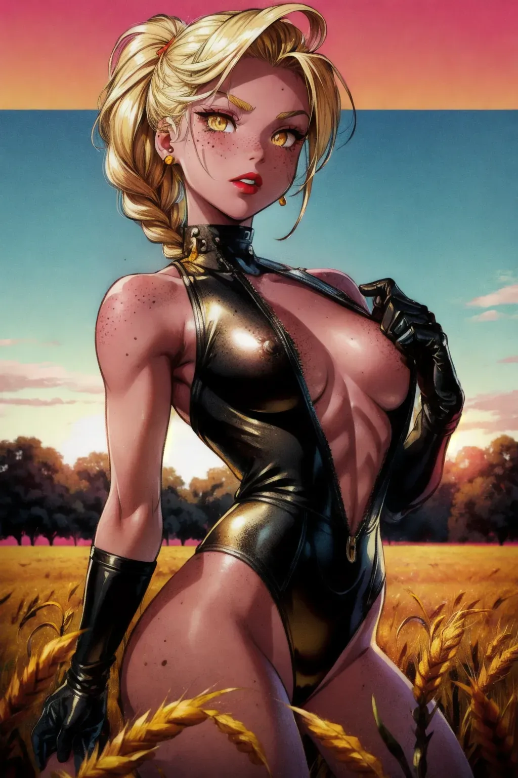 1girl, In kim possible artstyle from cartoon network, blonde hair, yellow eyes, breasts pointing upward, nsfw, nude, hairy pussy, seductive face, big erect nipples, very perky tits, yellow eyes, pubic bush, hands behind head, view from below, retro side updo hairstyle with side braid, ear piercings, large areolas, aa cup tits, punk, blonde hair, red lipstick, breasts apart, fit, small breasts, face freckles, chest freckles, outdoor in wheat field at dawn after a battle with weapons planted in floor, outdoor, wheat field, small but soft boobs, sleeveless pulled up leather crop trop, leather gloves, leather straps, sword planted in ground, smoke and fire in the field, fit, orange sky, golden colored field,
((masterpiece)), 8k wallpaper, high quality, global lighting,
(High contrast:1.5),
(High saturation:1.8),
(Warm color:1.7),
(Skin reflection:1.2),
(Profesional lighting:1.7),
(Godrays:1.2),
(Black edges:0.6),
(Small boobs:0.8),
(Small but perky breasts:1),
(Large Puffy pink nipples:1),
(Pink areolas:1.5),
(Chest pointing upward:1),
(Blonee Pubic bush:1.4),
(Blonde Pubic hair:1.4),
(Goth tatoo everywhere on body:1),
(Field:1.5),
<lora:dpmg_add_detail:1.5>,
<lora:dpmg_better_bodies:0>,
<lora:dpmg_ghibli_style:0.2>,
<lora:dpmg_3d_rendering:0.2>,
<lora:better_cooks:0.4>,