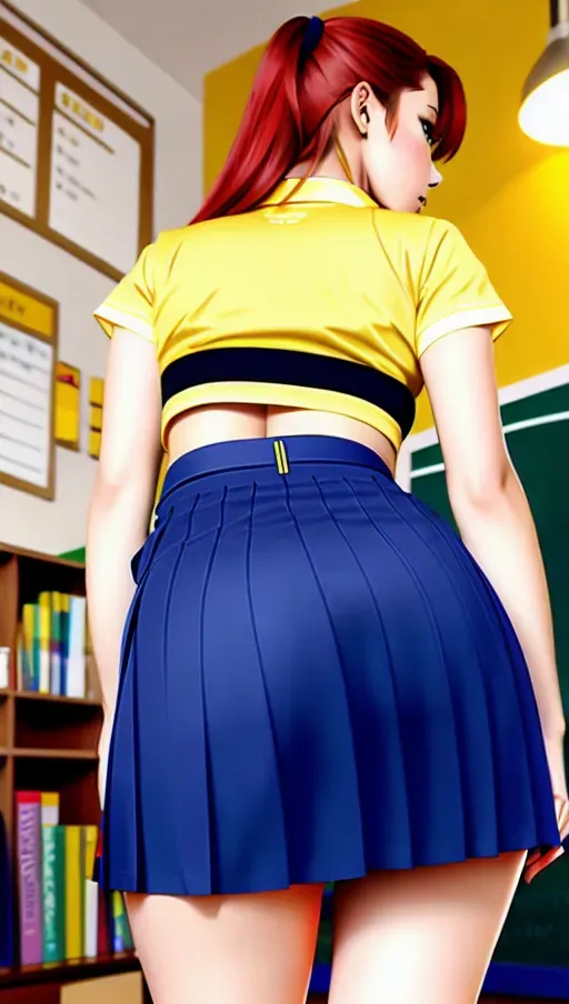 Asuka Langley in school uniform lifting her skirt showing her ass painted digitally in high definition anime style,
View from behind,
Bright vibrant colors