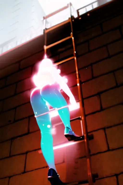 a photo shot of,climbing a ladder,five fingers per hand,beautiful face,beautiful lips,pale skin,cosy,smooth,pixiv,highly detailed,surreal,sharp focus,full body, tight pants, big ass