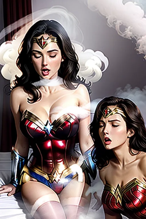A young Lynda Carter as ((Wonder Woman)) and Debra Winger as ((Wonder Girl)) in sexy red and blue leotard-style costumes((full body and bare thighs visible)), sitting in sexy poses in her bedroom, sleeping gas in the form of a (((((dense white smoke))))) is (((filling the room))) and they are falling unconscious, (((open mouth yawns))), (((eyes closing))), (((dreamy, drowsy expressions))