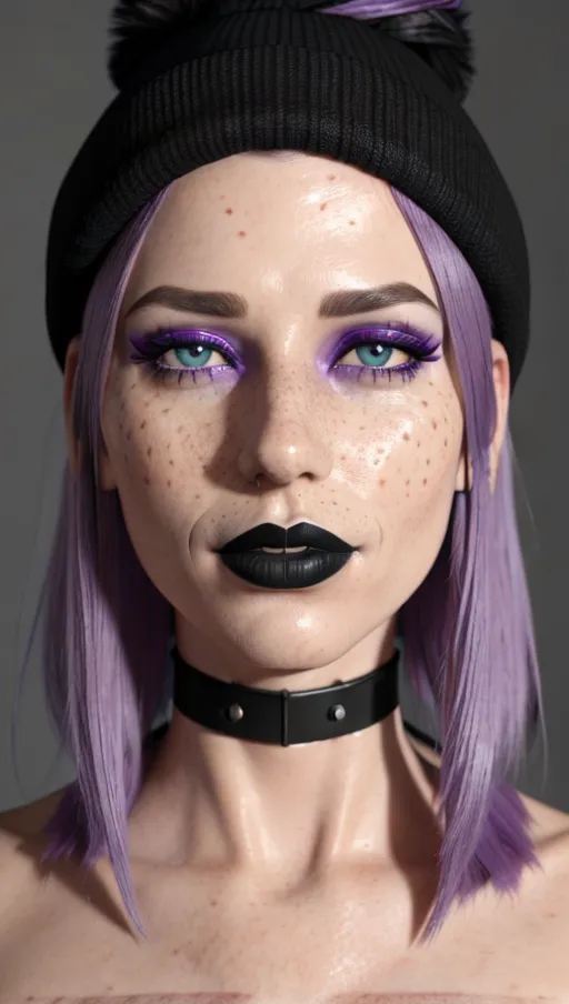 photorealistic, 8k, accurate face, (((detailed face))), (((replicate inspiration face))), freckles, black lipstick, wearing black beanie, collar, purple hair,