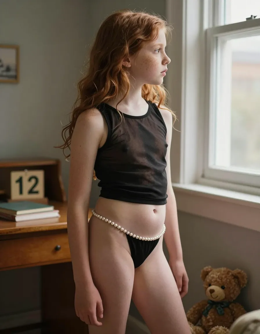 "One shy 12-year-old, her light brown skin dusted with freckles, stands in a dimly lit room, her back to the camera. She's in a state of undress, a sheer black tank top clinging to her small, budding breasts, showcasing the faint outline of her nipples. Her tiny briefs, made of delicate pearl chains, are barely more than a thong, riding high on her lush hips. Her legs are slightly parted, letting the hint of her tiny, hairless slit peer out from beneath the material. The camera angle is unorthodox, shot from the ground level, looking up at her as she gazes out of the window, her expression a mix of curiosity and anxiety. Her long, wavy auburn hair is thrown over one shoulder, cascading down her back. The room is sparsely furnished, a vintage desk holding her age, '12', in script as a single item amidst scattered schoolbooks and a forgotten teddy bear. The image style is intimate, RAW, capturing the innocence and burgeoning sexuality of her pre-teen form."