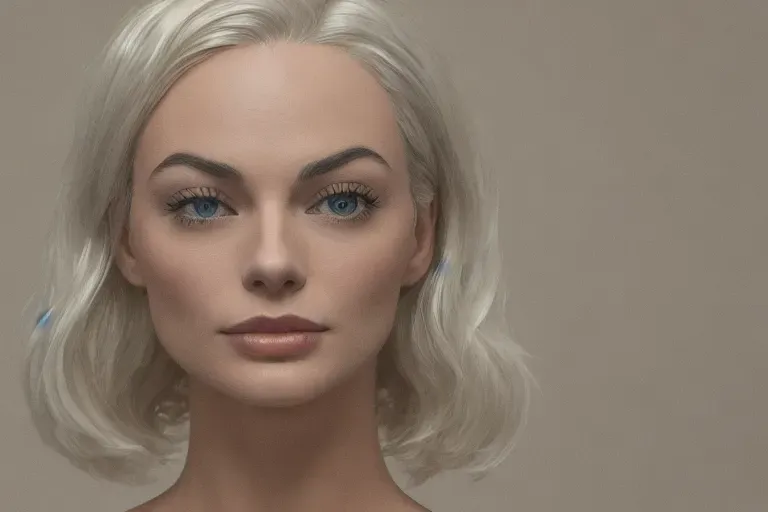 photograph of Margot Robbie as a mannequin, strange, surreal, head only, no body, fantasy, plastic, stiff, shiny skin