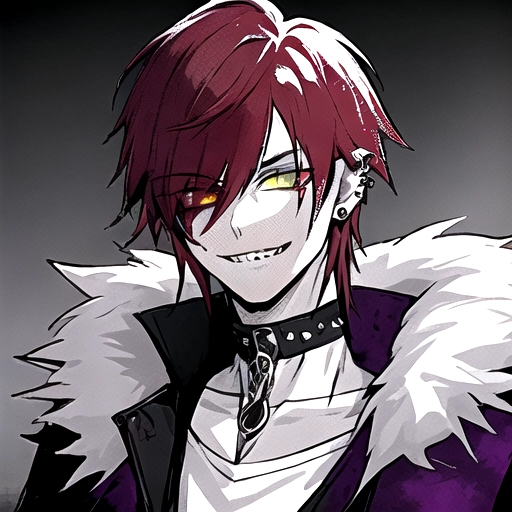 solo male, hunter,Cunning Eyes , jagged sharp teeth, Feisty look, pet chain collar spiked around neck,dagger ear piercings, cauasian white guy, fluffy purple jacket, heterochromia green yellow eyes, wolf animal eyes, plain white shirt, auburn antenna spikey hair disney prince messy shortish antenna length light, male guardian of the earth , teen wolf, bloody, psycho look in eyes, grinning, smiling , blood , school clothing, auburn hair, bright eyes , heterochromia, no facial hair, background paint spots creative ,masterpiece, digital art masterpiece, colorful, paint splashs