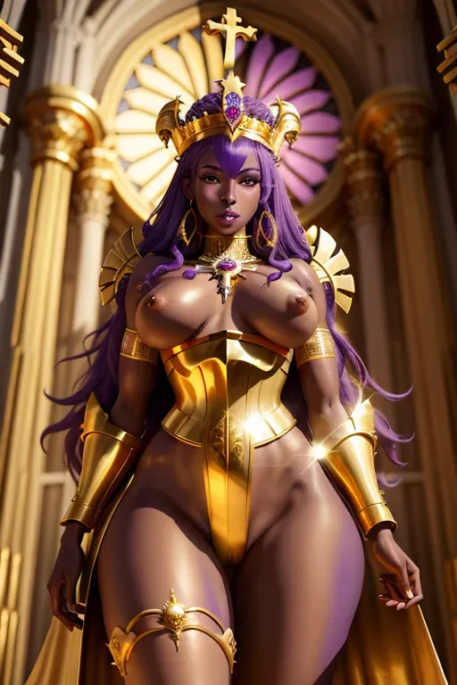 High Resolution Nude Beautiful Haitian Female Paladin with purple Skin with gold Afro and large gold crown and gold nipples and pretty pussy showing. In a cathedral with divine light with a holy cross and holy aegis