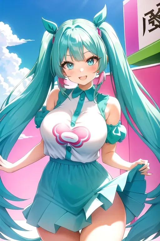 Youthful and energetic appearance
Large, expressive teal-colored eyes
Vibrant and colorful long turquoise hair, often in twin-tails
Fair and clear complexion with a hint of rosy cheeks
Playful and cheerful smile
Bangs that frame her face, sometimes adorned with hair accessories
Slim and petite build, giving her a cute and dynamic presence