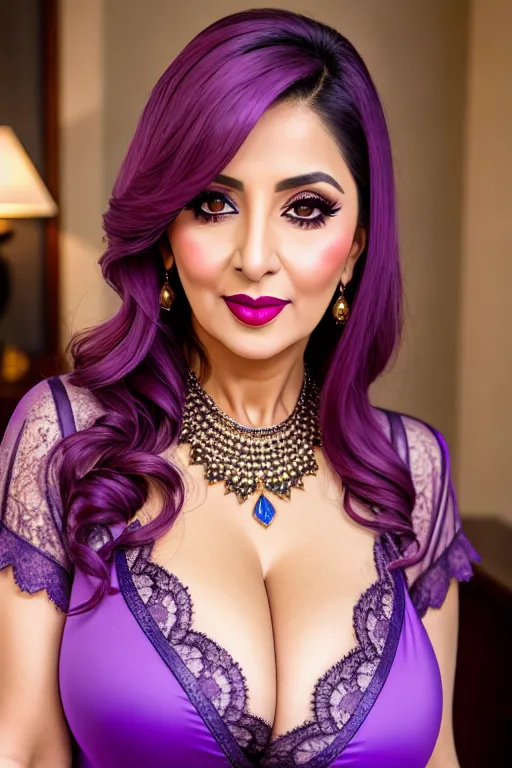 RAW photo, Professional, HDR, UHD, 64k, mature Arabic woman, large tits, tight matte lavender dress, lace top around neck, seductive, lipstick, detailed eyes, smile, kneel, look at viewer, finger in mouth, Canon camera