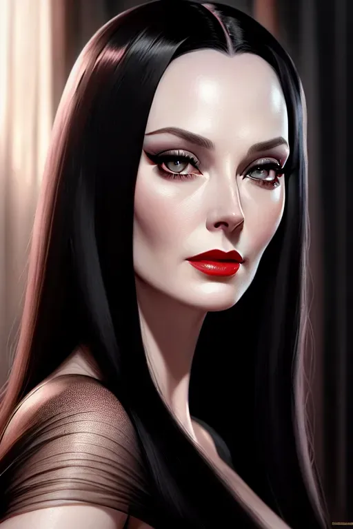 Morticia Adams wearing a see through top, (NSFW), lustfull, pale, digital painting, movie poster, highly detailed, highly detailed face, perfect face, perfect eyes, photorealistic, by Greg Rutkowski, masterpiece, 8k, ultra high definition