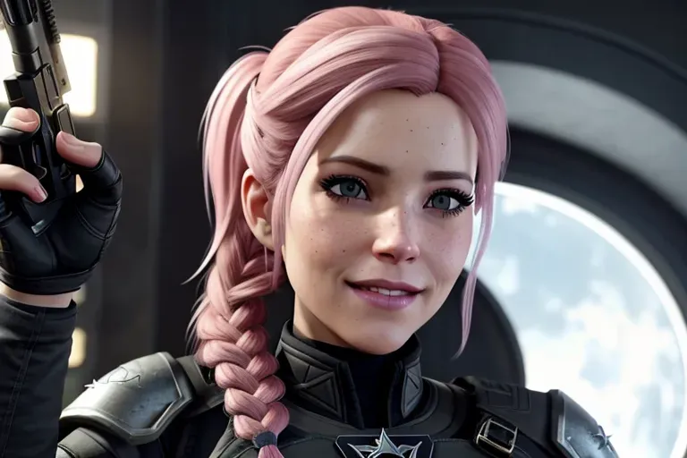 a concept art of,Belle Delphine, light freckles, empty hands, in resident evil, in black tactical pants, black military armor, combat boots, confident smile, pink hair, five fingers per hand, hair in a bun, strategic pose,charming face,beautiful lips, deep eyes,curved eyebrows,textured skin,cgsociety,8k,unreal engine,highly detailed,artstation, deviantart, cinematic, centered, medium close up, 8k,studio lighting, head in frame, long neck, entire head in frame, hyper-realistic