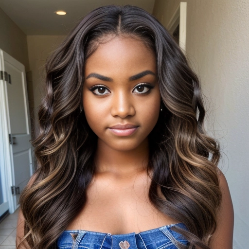 a beautiful young (preteen teenage) girl with long wavy dark hair, (largest huge brown eyes:1.2), realistic, masterpiece, tanned, african, makeup
