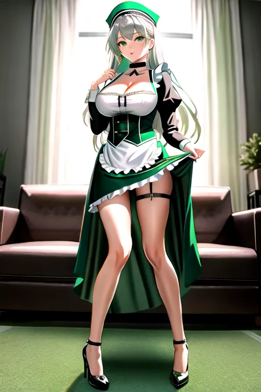 silver hair, green eyes, giant breasts, green maid uniform, miniskirt, choker, long hair, high heels, in living room, slim body, looking at viewer, 1 girl, cleavage, 4k