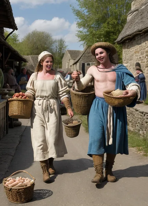 A naked middle aged woman in medieval times, saggy natural shaped hanging breasts, middle aged female body shape, wearing home made canvas boots, carrying a basket of fish, is always naked and is the village fish monger woman carrying a catch of fish to the village market with her naked vagina in full display. People in the background are wearing medieval peasant clothing.