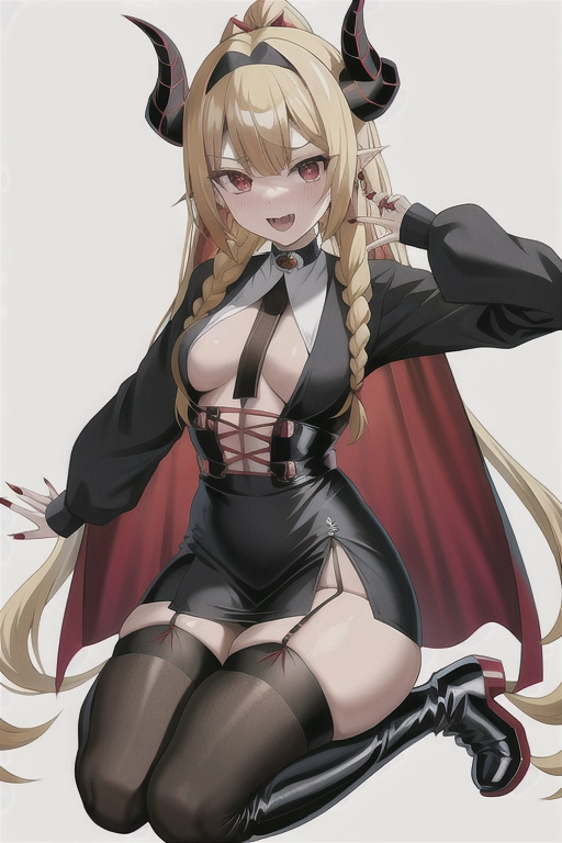 anime style, girl, horns, blond hair, nun clothes, red eyes, lizard tail, fangs, full body image, twin braids, earrings, boots, pantyhose, mini skirt, nail polish, lipstick, demon mask, dark sclera, own hands together, small breasts, garter straps