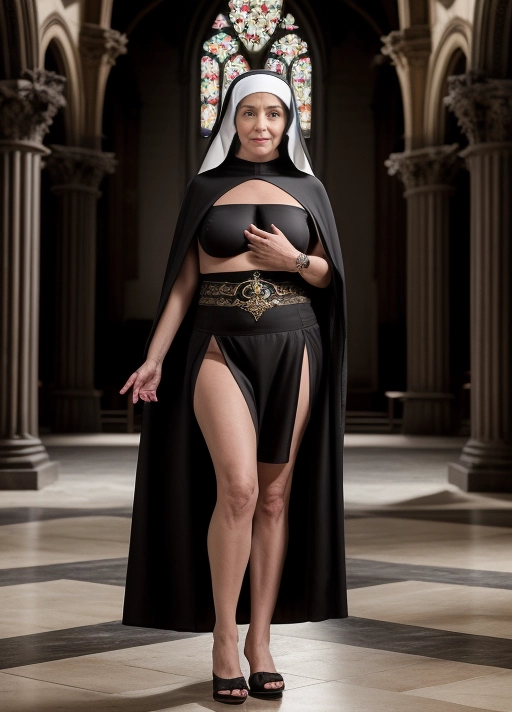 a naked mature middle aged woman, detailed vagina, slightly overweight, small saggy breasts, wears a skimpy black outfit and cape, breasts are exposed, vagina is exposed, naked from the waist down, posing as a nun in an ornate church, trying not to get sexually aroused