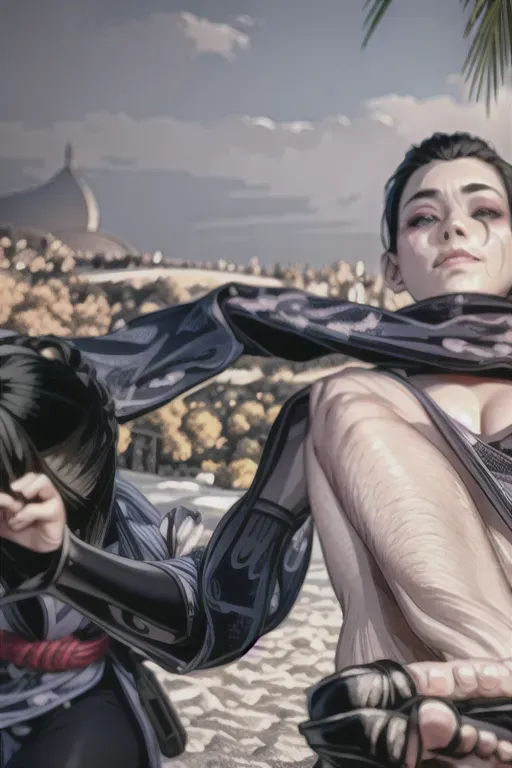 1girl, slender body type, full body , ninja, feudal japan::5, edo period, night, high res, short parted dark black hair::5, small breasts::2, long bare legs, green almond shaped eyes::2, thin parted lips::2, solo, ((masterpiece)),photo referenced::5, pale skin, purple eyeliner::2, tenchu::5, kunoichi::5, professional, ultra high res, dark yukata::2, long sleeves::1, kuugire, stealth, soft feminine facial features, button nose, dark kimono, 25 years old, seductive look, arrogant look, sinister look, moody lighting ,head tilt, detailed face and eyes, correct calf muscles::5 rose tattoo on thigh::5, correct feet anatomy::5 correct hand anatomy::5 2 characters , grabbed by the neck, hand around neck