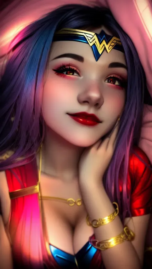 cute dressed dressed in wonder woman costume with red and gold and blue skirt, loving and pure, she is laying in a comfy bed with soft pink lighting and a comforting mood, detailed cute eyes, flowing black hair,
clevage behind W on chest
