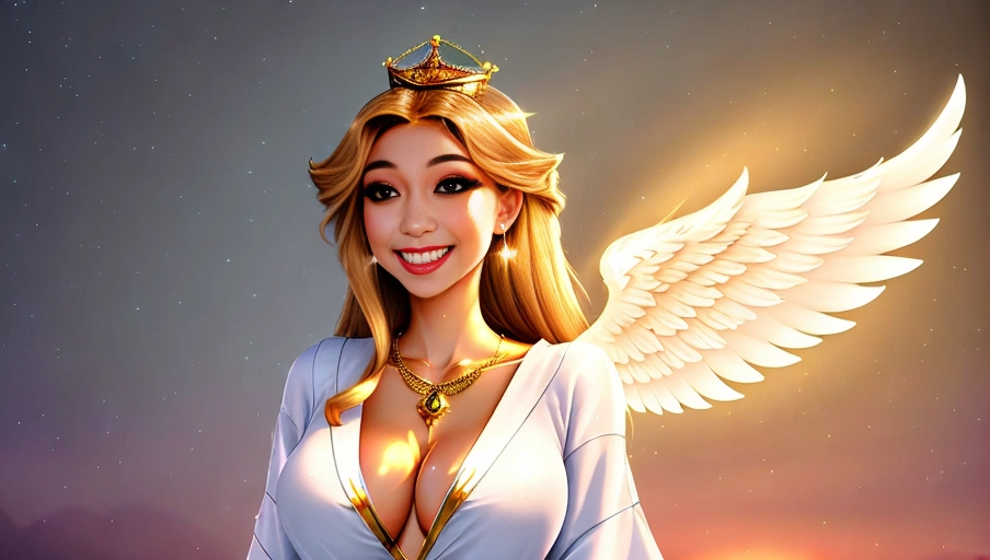 a 64k high detailed photo of body shot of straight Female Angelic HDR Professional ((In clothing Robes))) ((Has Attire)) Godly Ultra Detailed Best Quality Most Detailed ((Angel Wings)) Angelic Lighting Love Hope Magic casting Crown Smiling Queen happy Glory Warrior Angels Angelics Positivity Happiness ecstasy enraptured sweaty saving God Royalty Morality Goodness True Good Power Force Authority Ethical Saviour Halo short Hair Always and Forever Sentimental in heat hot ultra hot best best lighting tantric Neutral Brilliant Logical Compassionate Perfect Perfection Exciting Integrity Winged Courage Purity Harmony Beauty mark on upper lip ((Female)) (Ethereal Lighting) (Celestial Lighting) (((With Clothes))) ((With God Item)) (((God Tech))) (God Magic) with items of power God Wings ((Afterlife Light)) (Perfect Tits) (Perfect Ass) (Love Worship) ((Happy Expression)) ((smiling)) AJH True Happiness (Pleasure) (True Love) ((Angelic Hair))