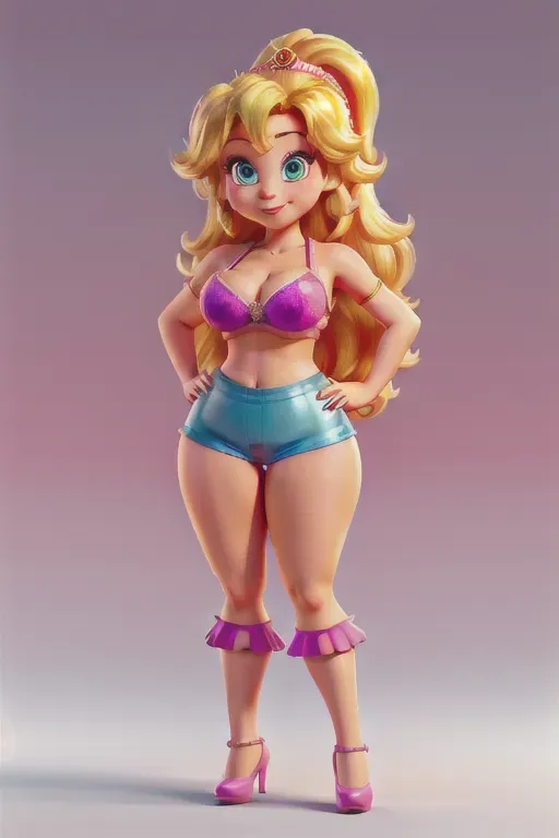 high quality, princess peach, huge eyes, big hips, thick thighs, big waist, makeup, flowing hair, pushup bra