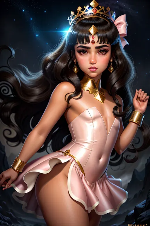 Fantasy princess, beautiful curvy, brunette hair, dark complexion, Arabic, full eyebrows, small nose, strong cheekbones, soft cheeks, full lips, narrow chin, pink bow in hair, half naked, pink dress, throbbing anus, aroused clit submissive, high definition, 4k quality, cinematic lighting, great shading, excellent detail, five fingers per hand.