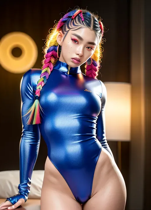 a highly detailed photo of, chinese, rainbow hair, braids, pale skin, ((detailed hair features)),((detailed facial features)),((detailed body features)),a highly detailed photo of, best quality, ultra-hd, 8k resolution, 18 years old, light skin, beautiful face, perfect body, big rounded eyes, beautiful red lips, inocent face, highly detailed face, curved eyebrows, inocent face, correct anatomy, 8k, insanely beautiful, ultrarealistic, five fingers per hand, non nunde,((detailed arms features)),(textured skin),((beautiful lips)),((highly detailed)),((8k resolution photo shot)), futuristic maillot, futuristic watch, futuristic gloves, technological bra, astronaut helmet, long boots, thong, camel toe, spreading legs, at the spaceship, laser, perfect body, small waist, full body, skinny body, morning, cinematic lighting, long shot, wide shot, full shot