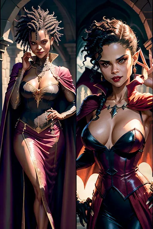 Zazie Beetz Dungeons and Dragons vampire, fantasy castle at night, ((fangs)), ((cape)), ((evening gown)), ((upper class clothing))