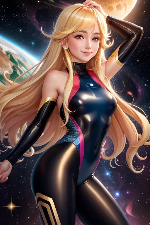 An elph with Otherworldly beauty, topless tight Lycra racing suit, warmest innocent smile, long blonde hair, outer space background,