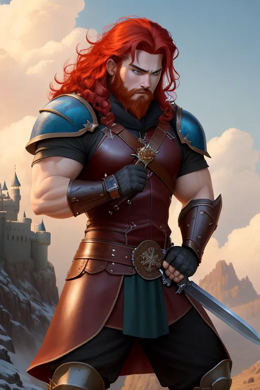 Disney animation, High fantasy, a strong, warrior human, stripping for his princess, wavy red hair, pale skin, angry eyebrows, handsome blue eyes, small nose, strong cheeks, full beard, strong chin, animal skin coat, black leather armor, huge two-handed greatsword, going into battle, battle field, war in the background, castle and dragon in the far background, high definition, 4k quality, excellent lighting, great shading, pristine detail, very clear picture, vibrant colors, accurate at lower promp guidence, ultra realistic, five fingers per hand.