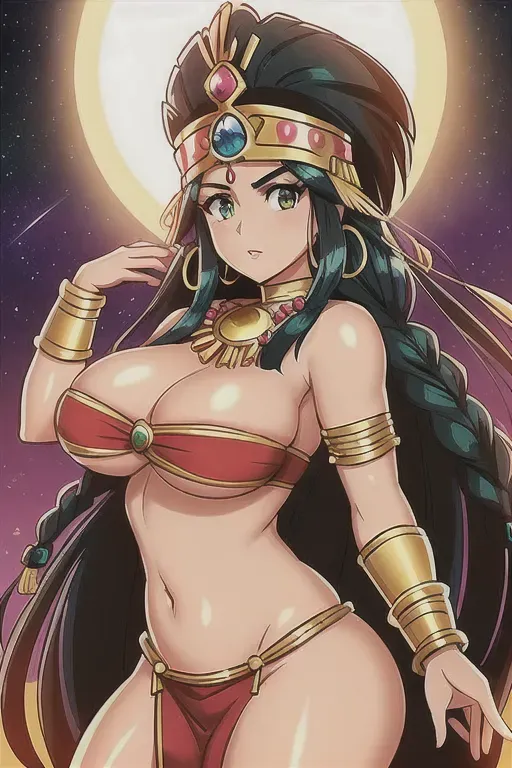 Salma Hayek,Aztec princess, against the walls, aztec pyramid,five fingers per hand, braided hair,charming face,beautiful lips,detailed large eyes,curved eyebrows,curved eyelid,smooth skin, stoic, tribal tattoos, green eyes, feather headdress, full moon in sky