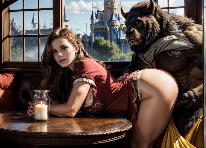 (((brunette in a threesome, 1 woman, 1 man and 1 beast))), (((threesome))), (((one woman and two men)))
((middle one is a woman)), disney princess belle, 1 brunette Beauty from disneys beauty and the beast, emma watson, brunette with loose hair, slim, beautiful, (((woman wearing a yellow dress ripped open))), ((beauty in yellow dress)), slender woman,looking at the camera,
(((Beast fucking the woman from behind))), (((putting his dick in from above))), behind the woman a bit on the right, brown hair, giant muscular ((beast with long dark braided hair and large beard))), sexy, ((34j breasts:1.2)), in the style of Conan the Barbarian, in the style of Frank Frazetta,
giant snake,
Man with red blouse standing on the left, face out of frame, big dick in frame, muscular, no beard, smooth skin, brown hair, (((third man wearing a tight red shirt))),
(Beauty mouth open orgasm), low light, voluptuous, very sexy, wide hips, wide waist, slim thighs, toned calves, creampie,
(Beauty being fucked by 1 giant muscular beast:1.5), (1 giant muscular beast fucking her:1.5),
((sex from behind)), ((dpmg_side_doggy_v1)), pov from a low angle, (best quality), <lora:dpmg_add_detail:0.5>, beautiful, (high resolution), (masterpiece), (uhd), (8k), <lora:dpmg_werewolf:1>, <lora:dpmg_threesome_v1:1>,
(((In an ancient dark castle))), dark dungeon,
(((rose in a bell jar next to them))), ((window with view on Disney castle in background))
<lora:4AVLR4y3byB_zoomsl_phrealism2:1.3>,
<lora:4AVLR4y3byB_disney_princess_phr2:0.5>