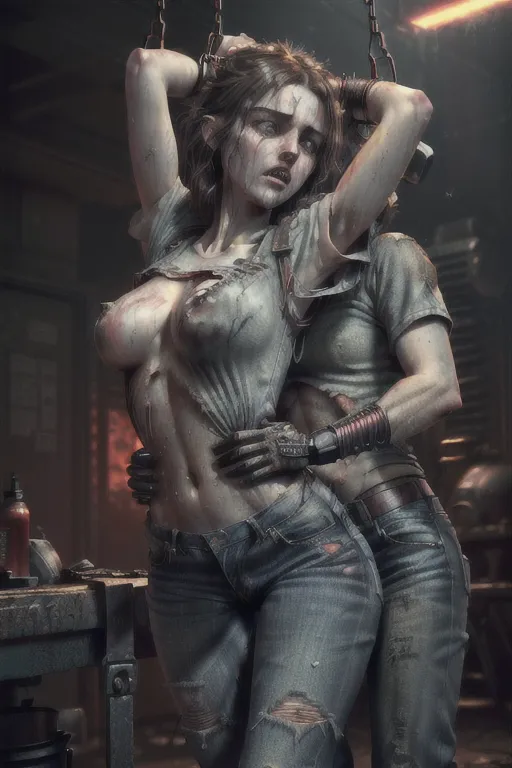 (Best quality crystal clear documentary photo),((Epic hyper-realistic photo of a beautiful young white woman)), (brown irises), (pale skin), ((short dark brown hair)),(accurate detailed face), (perfect teeth), beautiful eyes, ((wearing badly torn shirt and jeans)), ((thick pubic hair)), (small breasts with erect nipples), (((skinny)), (she is dirty and sweaty), (tears),
intricate realistically photo, ((her legs are spread)),
Detailed face features,
Detailed skin features,
Detailed lips,
Detailed clothing features,
Detailed realistic pussy,
Detailed eyes
Detailed correct Female Anatomy,
((she is restrained by a sci fi bioweapon sex machine that is shackling her waist and pulling her arms and legs apart), ((both her arms are being stretched in opposite directions)), (the machine is black and red and styled after Zdzislaw Beksinskis art), ((dark indistinct sci-fi horror red glow in background))
(realistic dynamic lighting), ((horror movie style lighting)), (red and yellow lighting), (warm colors), intricate very realistic photo, high detail, sharp focus,((photorealism)), front light, 8k, HDR, UHD, raw photo,<lora:dpmg_add_detail:0.8>