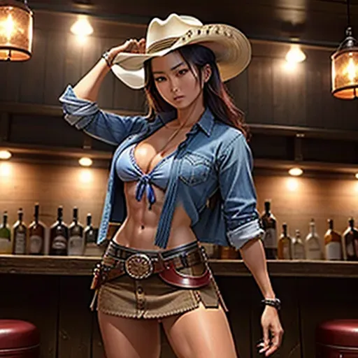 a realistic photo shot of, sexy young Japanese woman, highly detailed full length photo, a large wild west saloon, standing at a bar, wearing cowgirl clothes, wearing cowboy hat, wearing s tight blue shirt, unbuttoned shirt, wearing a brown waist coat, wearing a short leather skirt, wearing a western gun belt, lit by oil lamps lamps, scantily clad women in background, leaning back, gorgeous face, sexy smile, accurate face, medium breasts, dark hair, five fingers per hand, head in shot, legs in shot, toned body, toned legs, toned body, toned legs, anatomically correct body, oiled body, wearing cowboy boots, sharp focus, anatomically correct feet, five fingers each hand, two long toned legs,