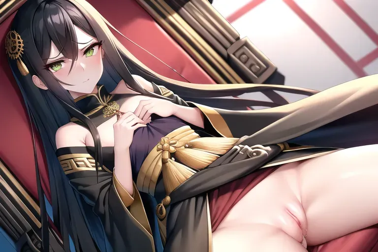 looking down at viewer, blush, pussy juice, best quality, masterpiece, 1girl, 1boy, cunnilingus, sex, nsfw, long hair, flat chest, black chinese dress, silver eyes, heart-shaped eyes, emotionless stare, thin thighs, gold accessories, chinese design, royal throne background, pussy juice, make-up, masturbation, visible breath, (black hair), green highlights on hair, cold green eyes, lounging on throne, spread legs, glaring angrily.