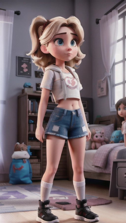 , dpmg_runny_makeup_v1, wearing loose shorts, wearing knee high socks, high cut crop top, grey thigh highs, tennis shoes, headphones, looking straight into the camera, cum on face, laying on a bed, ass up, beautiful face, beautiful eyes, small pupils, at day, bedroom, computer, books, teddy bear, volumetric lighting, focused, erotic uncensored, short sandy blonde hair, small body, perfect anatomy, Blue eyes, Pig tails, braids, Millie Bobby Brown, joey king, Chloe grace moretz.