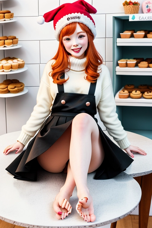 ginger skinned, candy hairpins, black skirt, nude, in bakery, on table, eating cookies, legs wide open, cakes, pies, drink, perfect pussy, cute winter hat, red toenail polish, perfect ass, perfect feet, shy smile, powder face makeup, ghostly