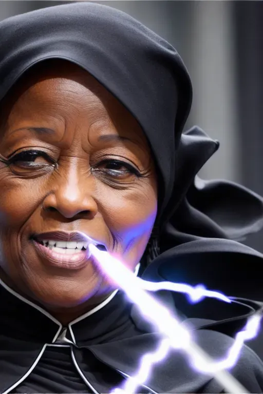 Karine Jean-pierre as a sith lord, white house press secretary, wearing her uniform, press conference, dark hood and cloak,
nasty grin, shooting lightning dirty teeth, 8k resolution, angry,