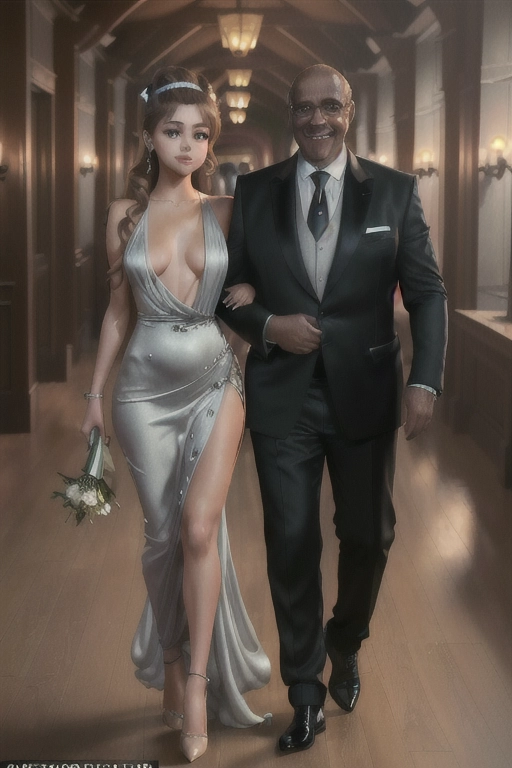 UHD 64K photorealistic color photograph of eighteen year old ((perfect mix of Ariana Greenblatt and Selena Gomez)), ((walking arm in arm beside a taller middle aged distinguished man (in formal attire))), in an expensive exclusive club, tanned, skinny, athletic, thigh gap, hip bones visible, ((small breasts, flat chested)), perky breasts, (hard nipples), tight pussy, braless, no bra, (no panties), thin fabric, silk dress, plunging neckline to waist, dress slit to waist, (nipples visibly pressing on inside of dress, smiling), eager to please, eager for sex, highly detailed face, (show full body),
ultra realistic, hyper realistic