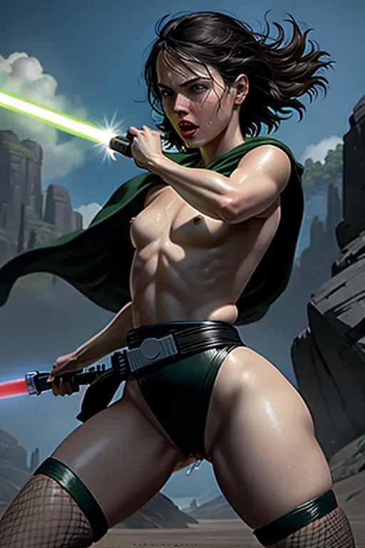 Daisy Ridley, tits out, Jedi, babe, facial ridges, small nose, strong cheek bones, soft cheeks, red full lips, mouth open, happy, curvy, small breasts, thin waist, thick ass, full thighs, robe blowing in the wind, no panties, black belt, thigh high fishnets, holding a green double bladed lightsaber like a warrior, aroused clit, wet vagina, fighting, high definition, great lighting, 4k quality, squirting