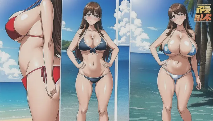 a digital painting of, a milf, on the beach, bikini, embarrassed, standing up, huge tits, small nipples, thick thighs, long hair, straight hair, brown hair