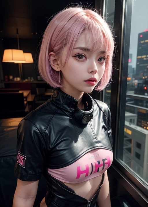 A professional photo of, Lucy from cyberpunk edgderunners, 25 years old, European and Japanese descent, cute but angry and pouting expression, in a hotel roomwith giant windows outside is a futuristic cyberpunk city, night time, astonishing woman, 21 years old, short pure white hair with one pink strand, bob haircut, wearing full cotton techwear streetwear outfit, fully clothed,warm cinematic lighting, neon lights, neon glow, purple lights, masterwork, best quality, volumetric lighting, depth of field Imperfect skin, Feminine, Real looking face, highly detailed face,photorealistic, hyperrealistic, low light,covered breasts, (best quality),(Small breasts), (thin cut body), <lora:dpmg_add_detail:0.5>, beautiful,(high resolution), (((masterpiece))), (uhd), (8k)