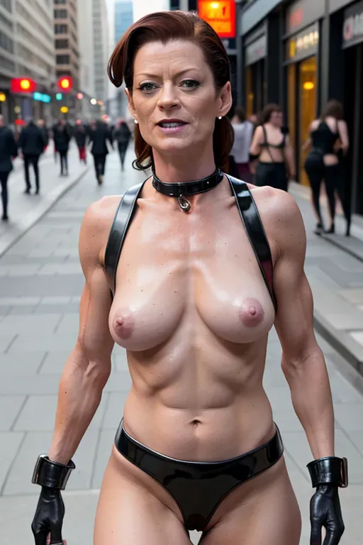 naked michelle gomez as missy, accurate facial detail, best quality, 1girl, nsfw, dark hair, smiling, cum dripping face, cum on breasts, walking down city street, bottomless, bystanders, thin body, black leather chocker, nipple clamps, black boots