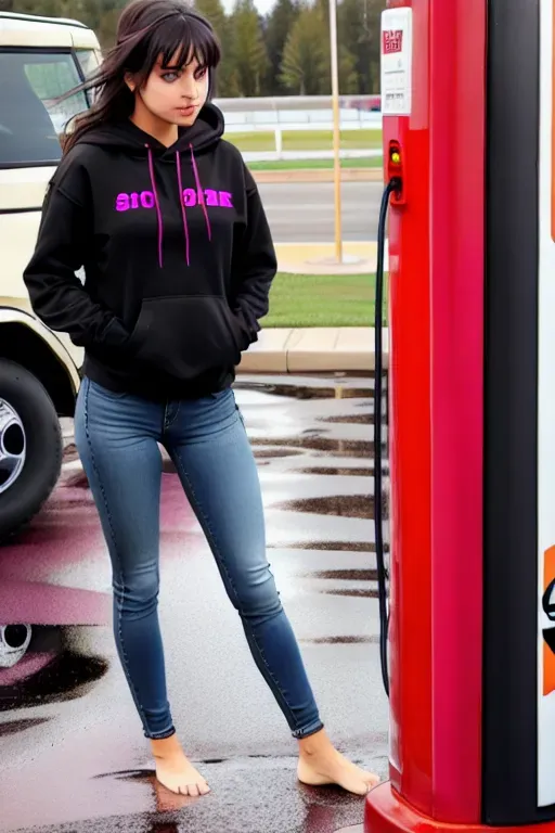 full-body image of gorgeous barefooted Romanian scene girl with brown eyes and black hair with pink highlights wearing black jeans and a hoodie standing at a gas pump while pumping gas in her car at a public gas station while stepping in a puddle of sludge,