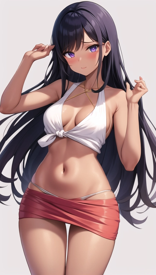 (more_details:1), nico_robin, brown, tanned skin, white formal blouse, long purple sarong, long black hair, fringe hair, blue eyes, round tit, round ,thick thighs, small waist, solo, 1 girl, body perfect, body complete