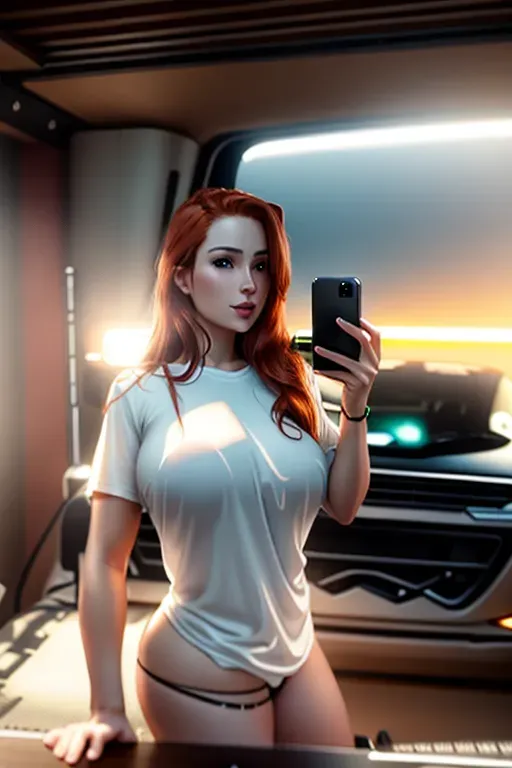 a photo of my girlfriend in my tshirt, big breasts,nipples showing, five fingers per hand,long wavy auburn hair,gorgeous face,beautiful lips,green eyes, big butt, great curves, tiny waist, curved eyebrows,curved eyelid,pale skin,joyful,minimalist tattoos, flirty smile,ski bunny, car poster,cinematic lighting,cgsociety,unreal engine,ultra realistic,studio lighting
