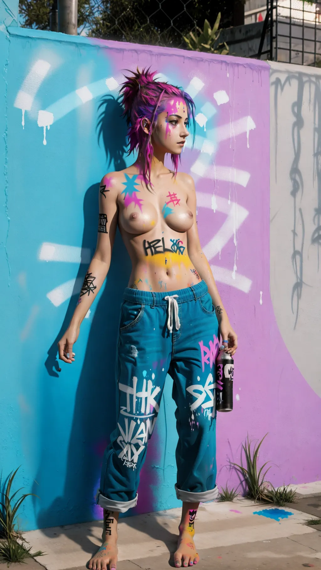 full-body image of a hot topless barefoot punk girl wearing baggy pants while holding a can of spray paint and painting graffiti on the wall walls with graffiti paint on her breasts and spray paint on her feet, facing away from viewer, sexy feet, barefoot, spray paint on feet,