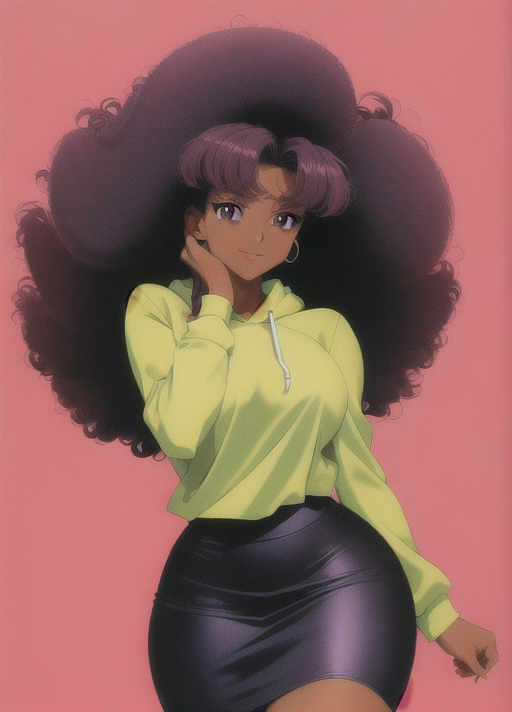 (((90s anime art style))),(masterpiece), absurdres, smooth, soft lines, soft edges, perfect edges, (soft lighting), (soft glow), perfect anatomy, detailed background, hair with great details, perfect eyes, perfect face, (looking at viewer),
lip gloss, smiling, ((flushed cheeks)), erotic, sensual,((office background)), hand on hip
((curly black hair)), ((puffy hair)), thick thighs, wide hips, small breasts, ((dark skin)), ((extremely dark skin color)), tall slim athletic build, athletic, hoodie, long skirt,
