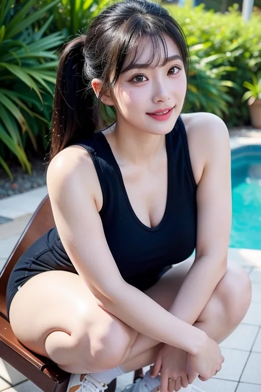 (best quality:2.0), (masterpiece:1.4), high resolution, (photo realistic:1.9), Korean sexy super model, perfect face propotion, nsfw, (thick sports shoes:1.2), navyblue sports wear, knee socks, thick eyebrow, (marble face:1.2), long neck, small lips, large hair band, full bangs, pony tail, ultra large sparkring brown eyes, double eyelids, cheek blush, round cheek, sexy posture, muscular long legs, cleavage, luxury chair, (shiny sweaty ultra pale skin:1.5), big coy smile, beautiful constriction, broad forehead, ultra detailed fabric, detailed skin, dropping eyes, luxury tile poolside,