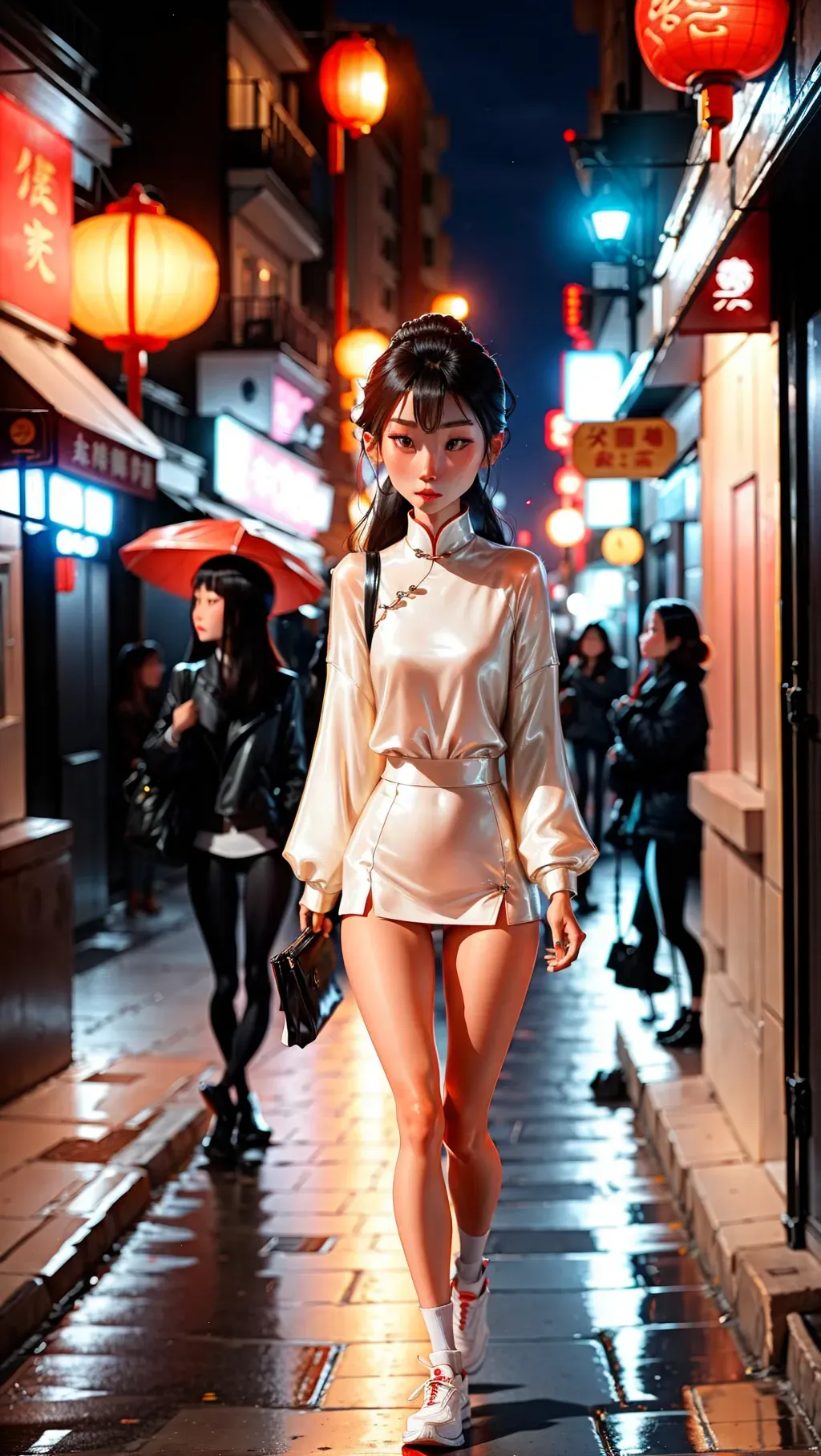 2 twin Chinese women walking down the street at night, streetlights, white lights, thin legs, thigh gap, Chinese wardrobe, <lora:dpmg_sam_yang:1>
