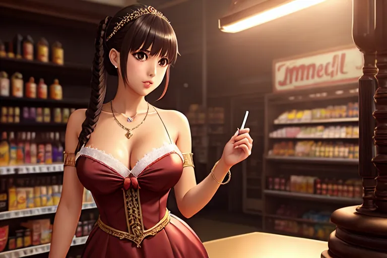 a oil painting of,an anime girl,wearing empress dress,touching breasts,at the convenient store,amazing breasts,five slender fingers,bangs hairstyle,charming face,beautiful lips,brown eyes,curved eyebrows,textured skin,satisfaction,wearing necklace,pixiv,cinematic lighting,professional,unreal engine,smooth